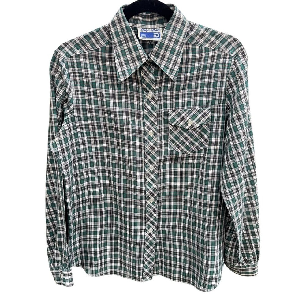 Ship‎ N Shore Vintage 70s Plaid Button-Up Shirt Green Black Long Sleeve Retro L